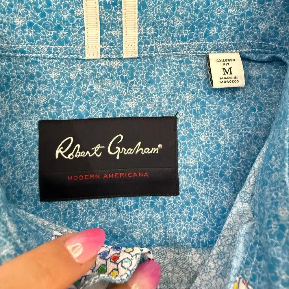 Robert Graham Button Front Short Sleeve Shirt CRAYMER Geometric Blue White M